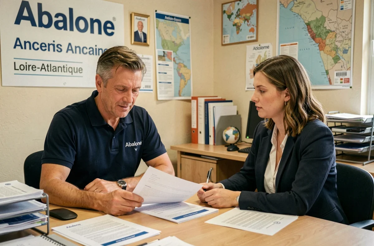 Un recruteur Abalone Ancenis examinant des documents d'emploi avec une candidate dans l'agence régionale