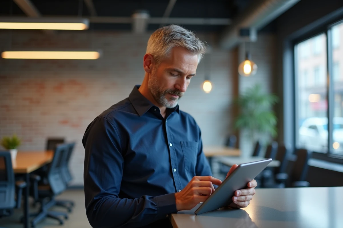 Homme activant son compte Monidenum sur une tablette dans un espace de coworking