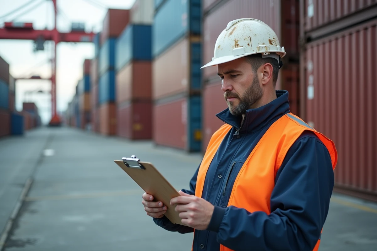 Agent portuaire en gilet de sécurité consultant des documents sur un terminal à conteneurs