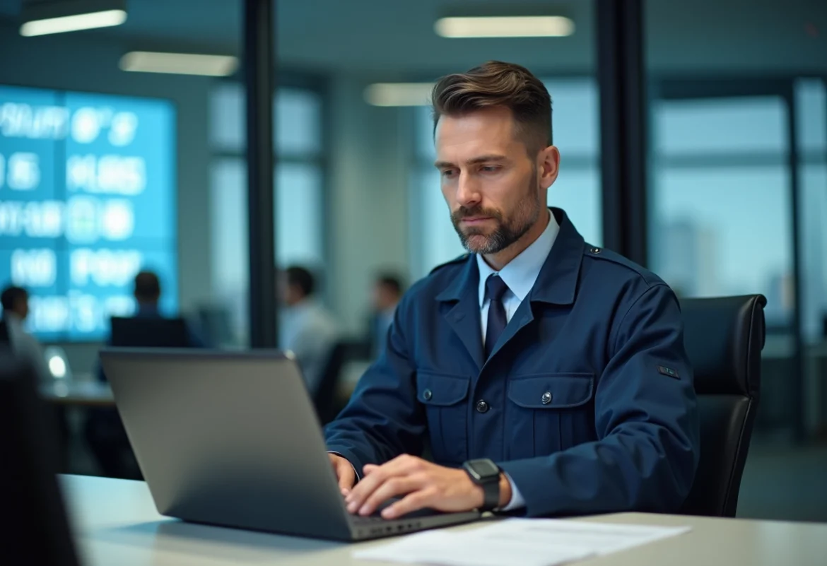 Agent de train au bureau avec ordinateur portable