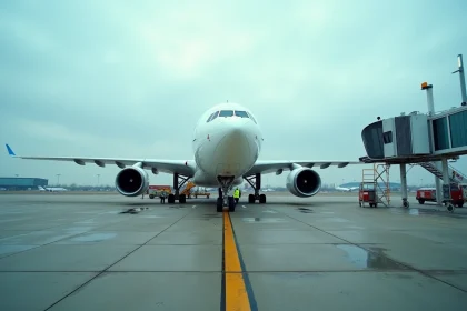 Airbus A330 stationné en aéroport avec équipe au sol inspectant les réacteurs et la voilure composite lors d'une vérification pré-vol