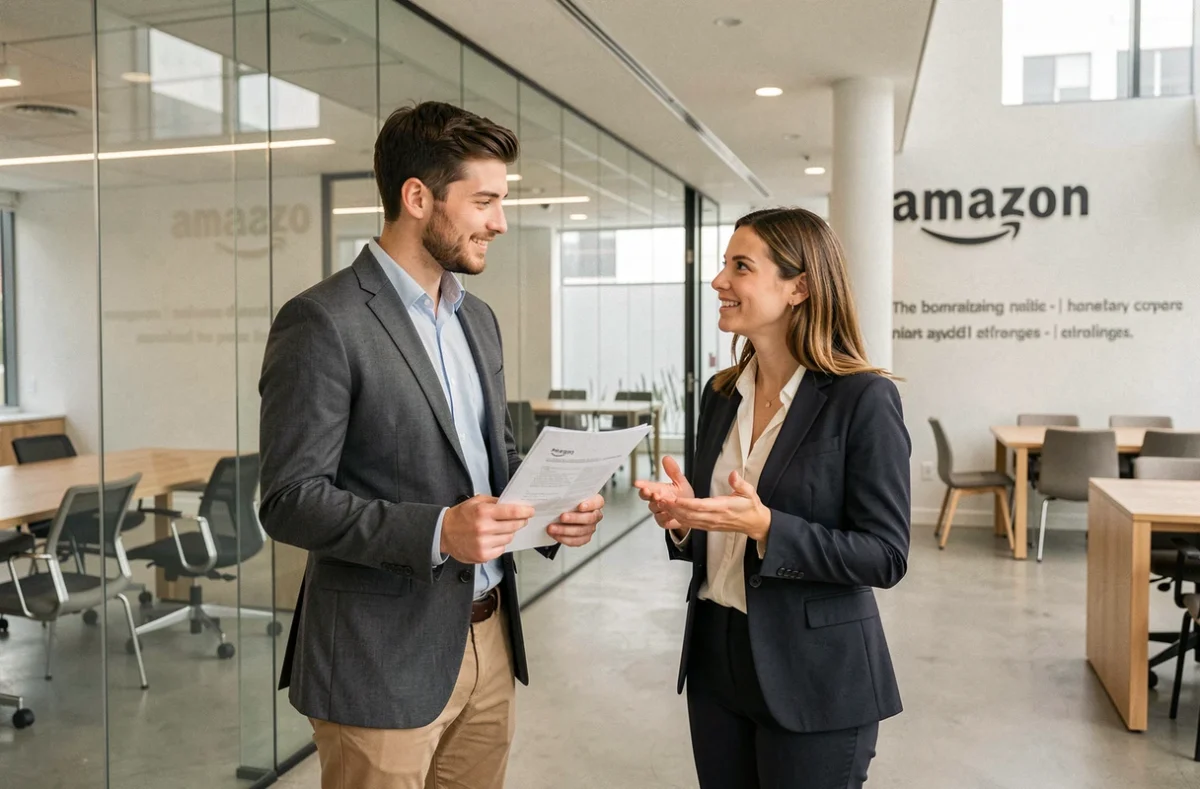 Deux jeunes alternants en discussion professionnelle dans les locaux d'Amazon France