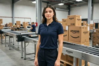Jeune alternante en poste dans un entrepôt Amazon, devant des convoyeurs et des colis Amazon