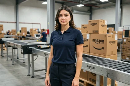 Jeune alternante en poste dans un entrepôt Amazon, devant des convoyeurs et des colis Amazon