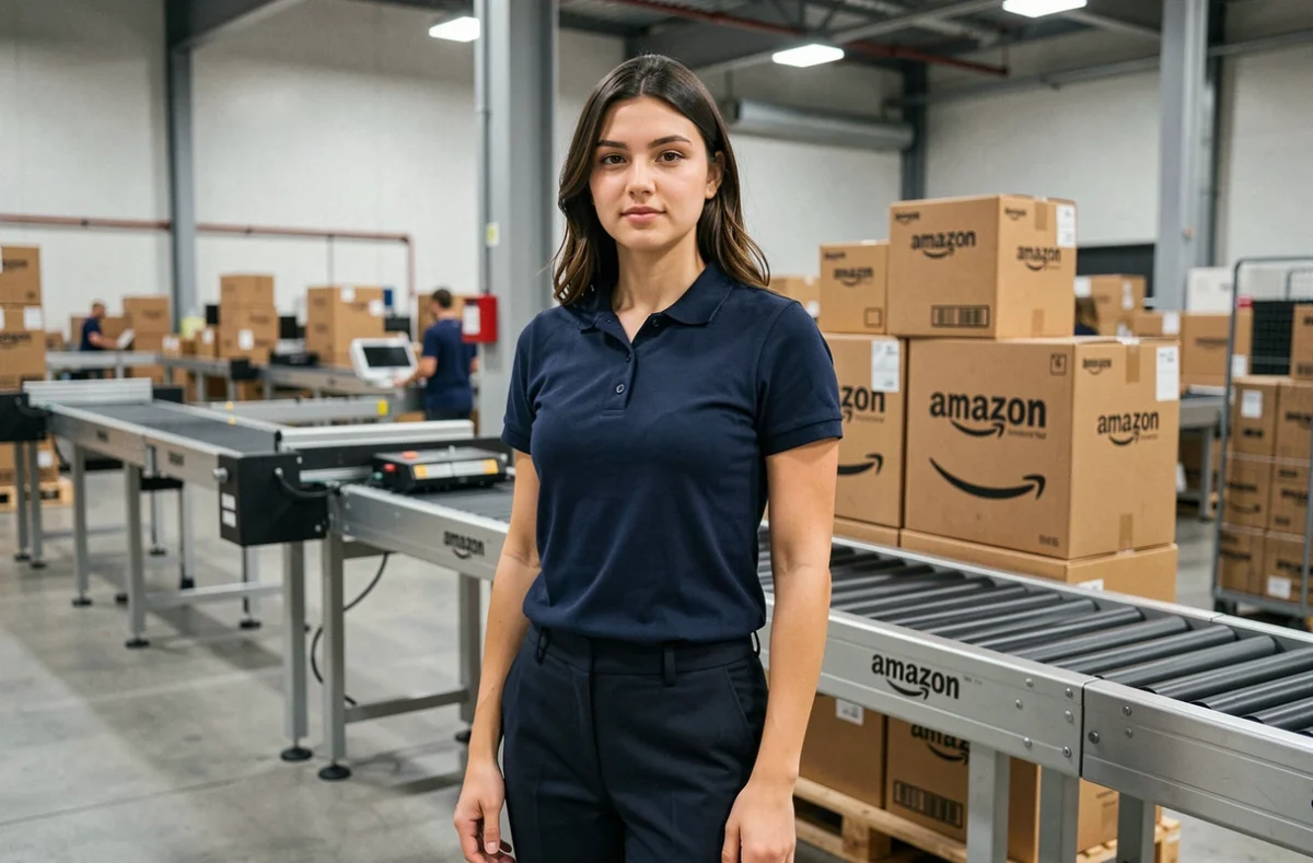 Jeune alternante en poste dans un entrepôt Amazon, devant des convoyeurs et des colis Amazon