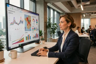 Femme cadre analysant des indicateurs économiques territoriaux sur un écran tactile dans un bureau moderne