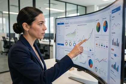 Analyste data d'une agence publicitaire examinant des tableaux de bord de performance sur écran incurvé dans un bureau moderne