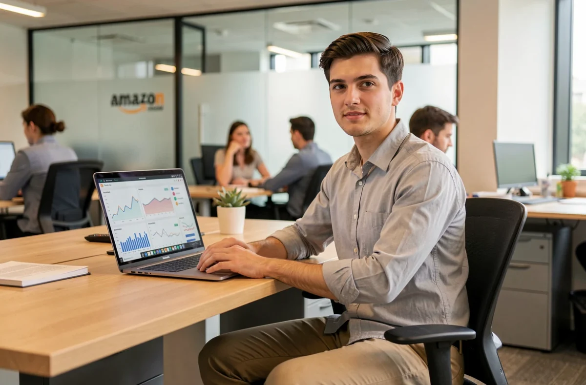 Étudiant en apprentissage travaillant sur un ordinateur portable dans un bureau Amazon