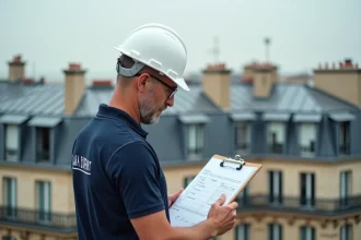 Artisan BTP en polo bleu consultant un devis sur presse-papiers sur le toit d'une copropriété parisienne