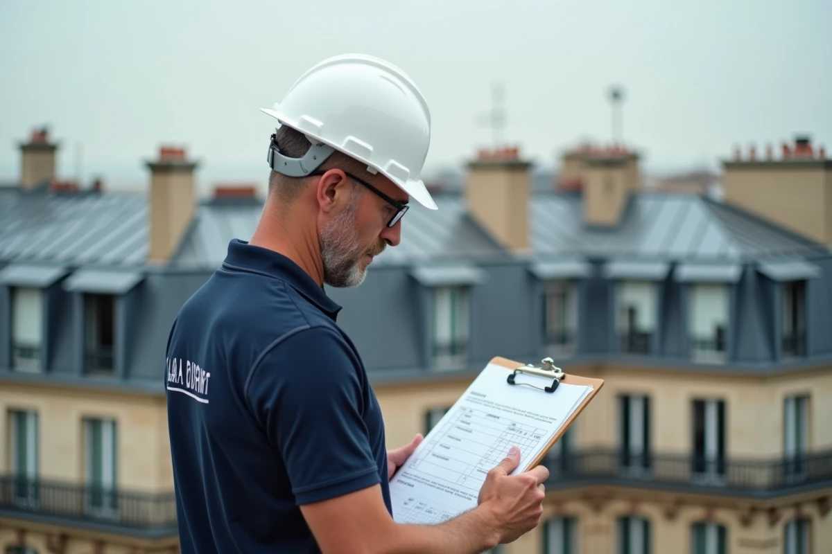 Artisan BTP en polo bleu consultant un devis sur presse-papiers sur le toit d'une copropriété parisienne