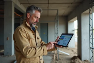 Artisan du BTP consultant un logiciel de gestion de chantier sur tablette dans une remorque de chantier