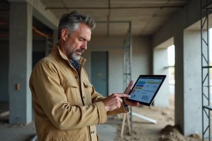 Artisan du BTP consultant un logiciel de gestion de chantier sur tablette dans une remorque de chantier