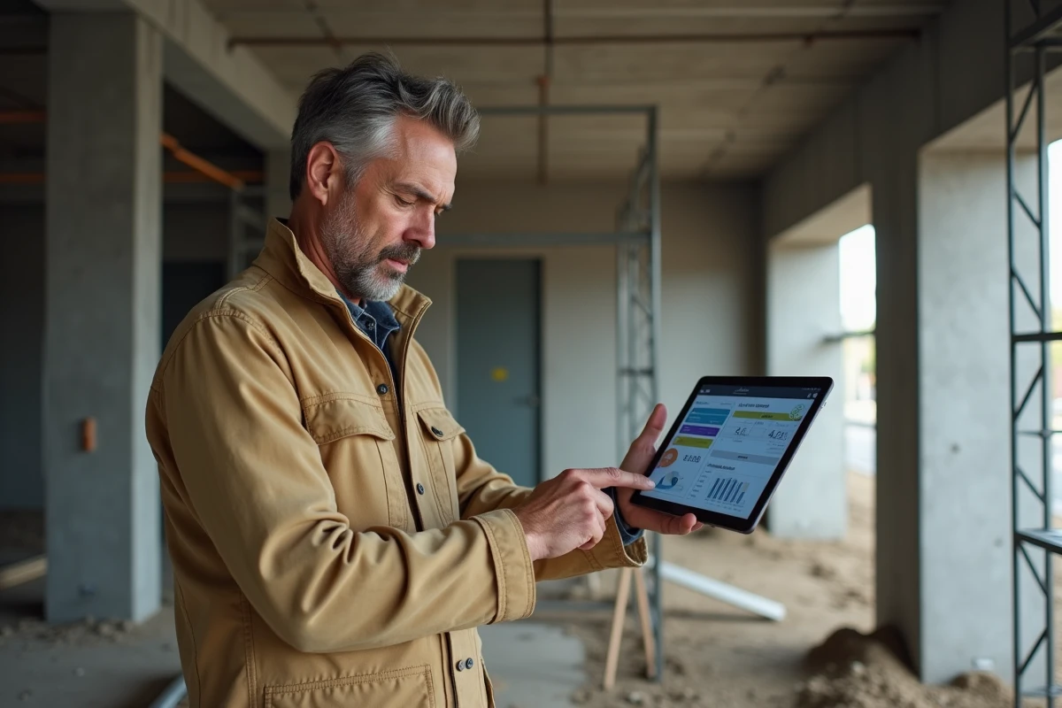 Artisan du BTP consultant un logiciel de gestion de chantier sur tablette dans une remorque de chantier