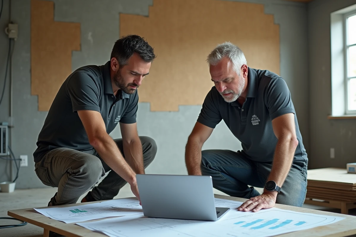 Deux artisans BTP analysant les coûts de chantier sur un ordinateur portable avec des plans architecturaux