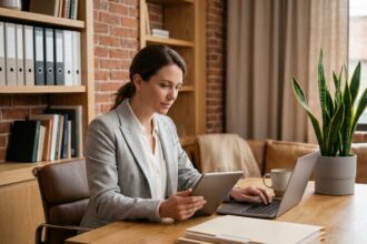 Cheffe d'entreprise automatisant ses tâches administratives sur tablette et ordinateur dans un petit bureau moderne
