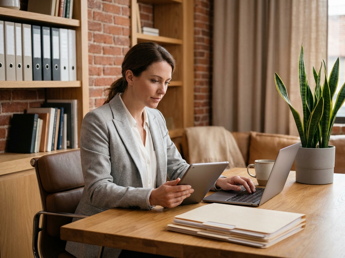 Cheffe d'entreprise automatisant ses tâches administratives sur tablette et ordinateur dans un petit bureau moderne