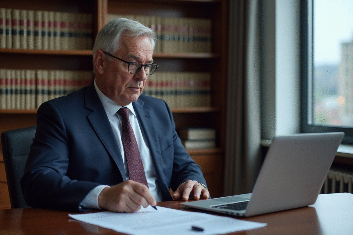 Avocat en costume navy examinant des documents juridiques