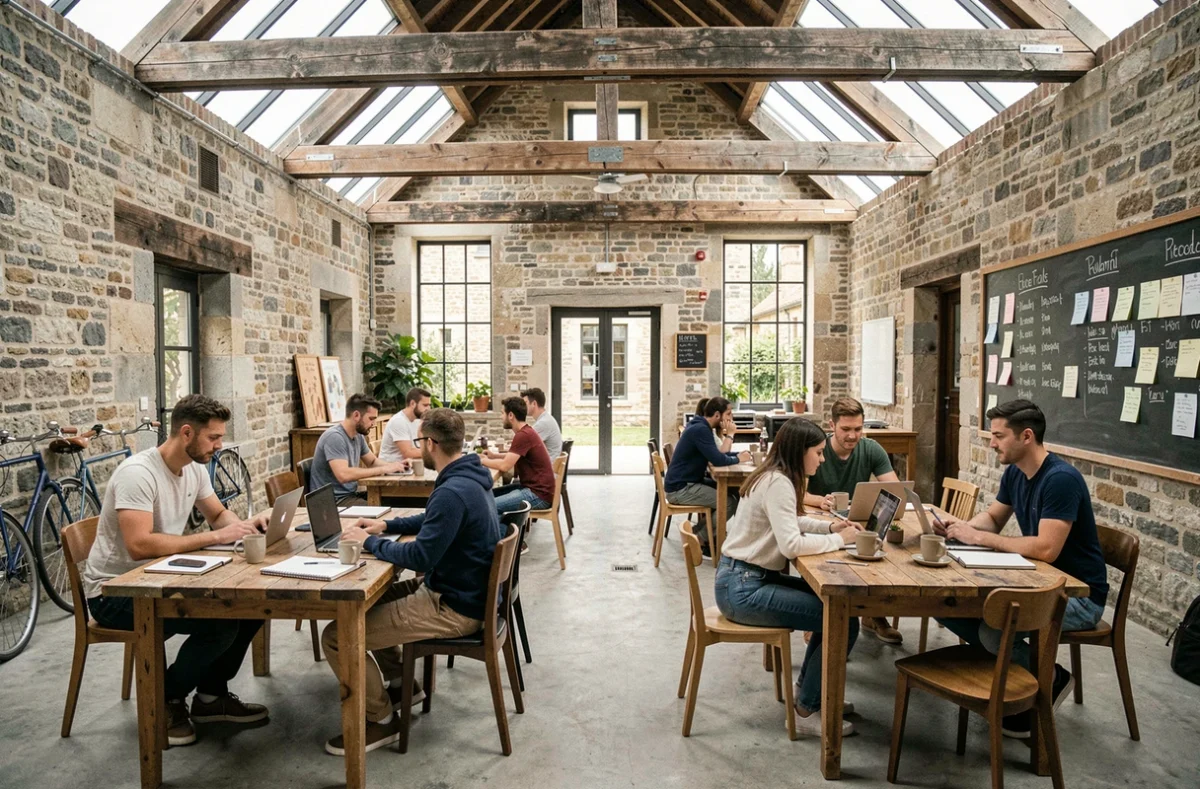 Espace coworking Basecamp à Valhermeil Pontoise dans un bâtiment réhabilité avec poutres apparentes et ambiance créative