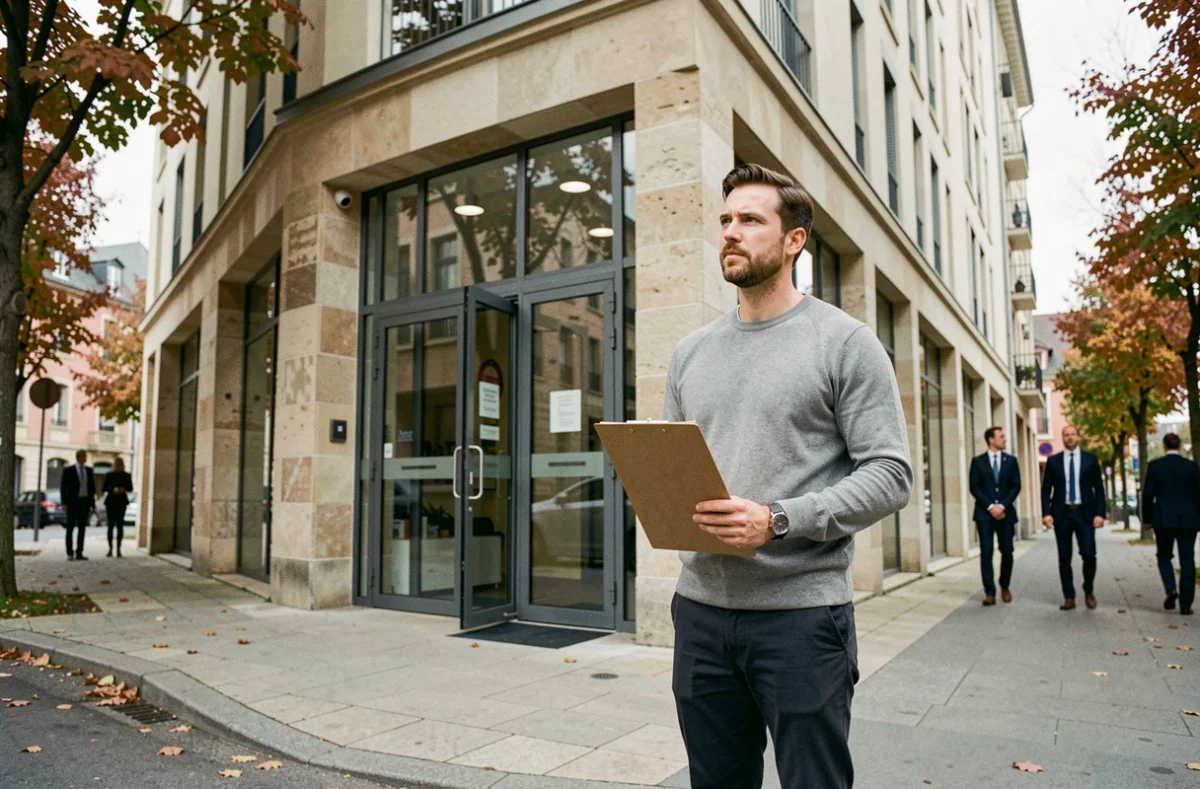 Entrepreneur évaluant un bâtiment de domiciliation professionnelle dans le centre-ville de Clermont-Ferrand