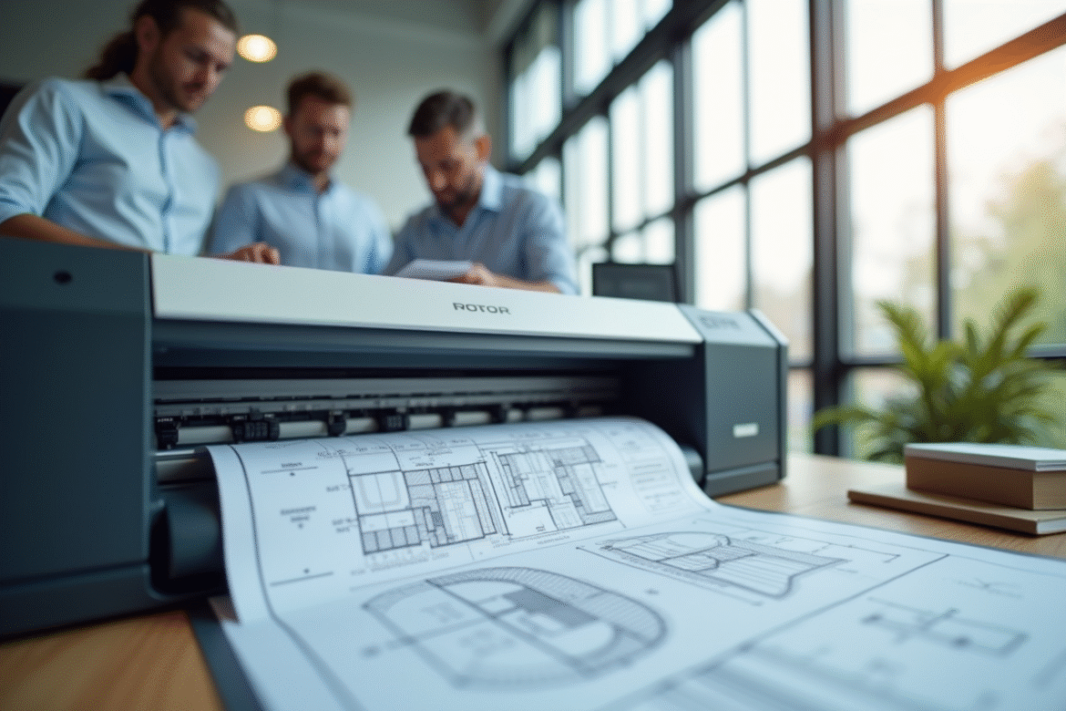 Bureau lumineux avec imprimante technique et plans architecturaux