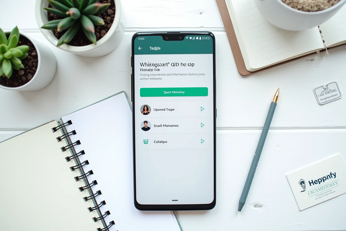 Vue aérienne d'un bureau avec smartphone affichant la configuration du compte WhatsApp Business et des notes de réponses rapides