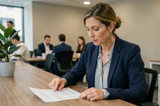 Femme professionnelle en blazer marine consultant un contrat de travail à son bureau pour calculer son ancienneté