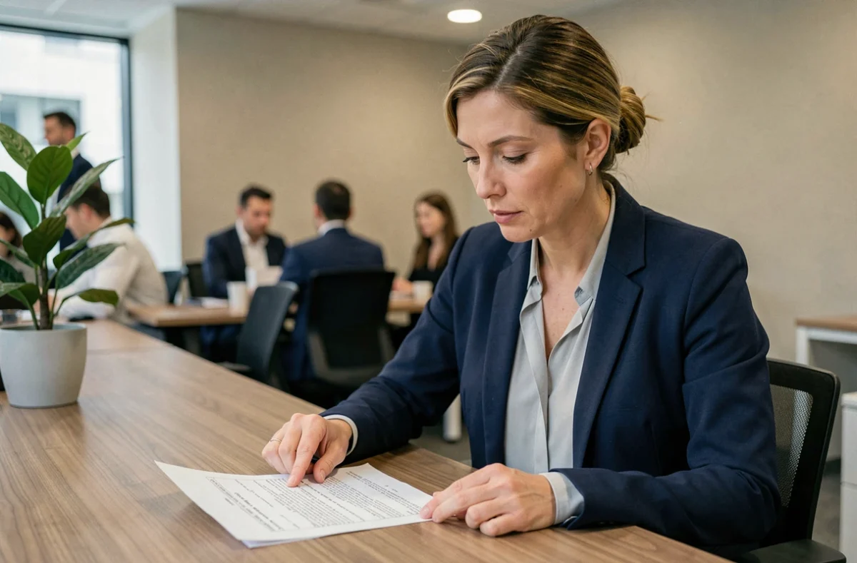Femme professionnelle en blazer marine consultant un contrat de travail à son bureau pour calculer son ancienneté