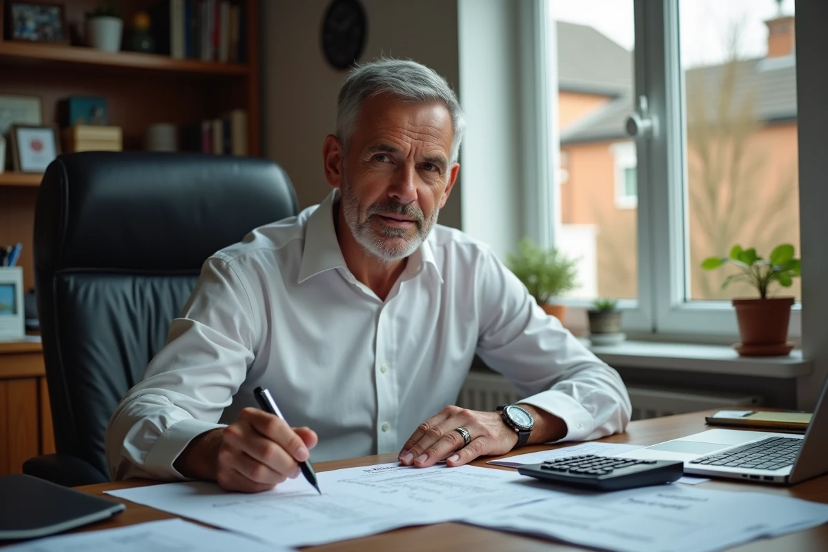 Homme calculant la prime liée à la médaille du travail sur son bureau avec des fiches de paie et une calculatrice