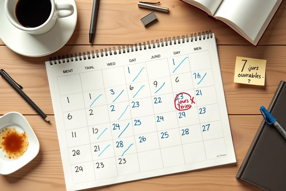 Vue aérienne d'un calendrier annoté avec des jours ouvrables comptés et des jours fériés marqués