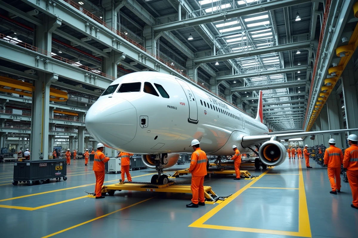 Chaîne d'assemblage finale Airbus A320neo avec bras robotiques et techniciens en combinaison de sécurité dans une usine aéronautique moderne