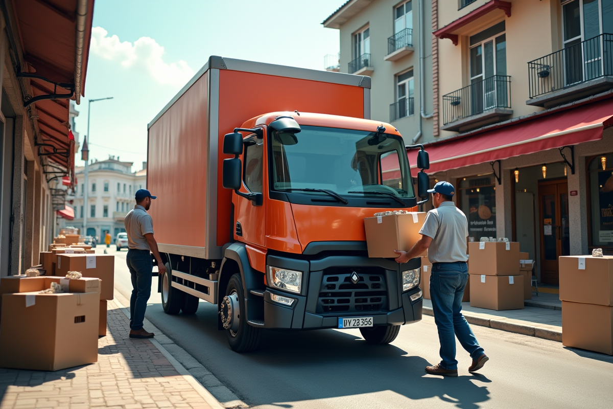 Employes chargeant un camion de livraison de colis devant un commerce