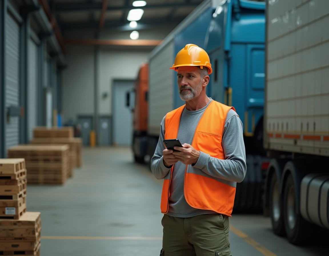 Chauffeur routier en gilet haute visibilité consultant un accord de branche salarial sur son smartphone dans un entrepôt