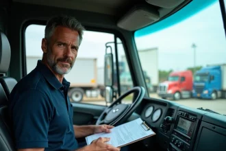 Chauffeur routier consultant ses documents de salaire dans la cabine d'un camion semi-remorque moderne