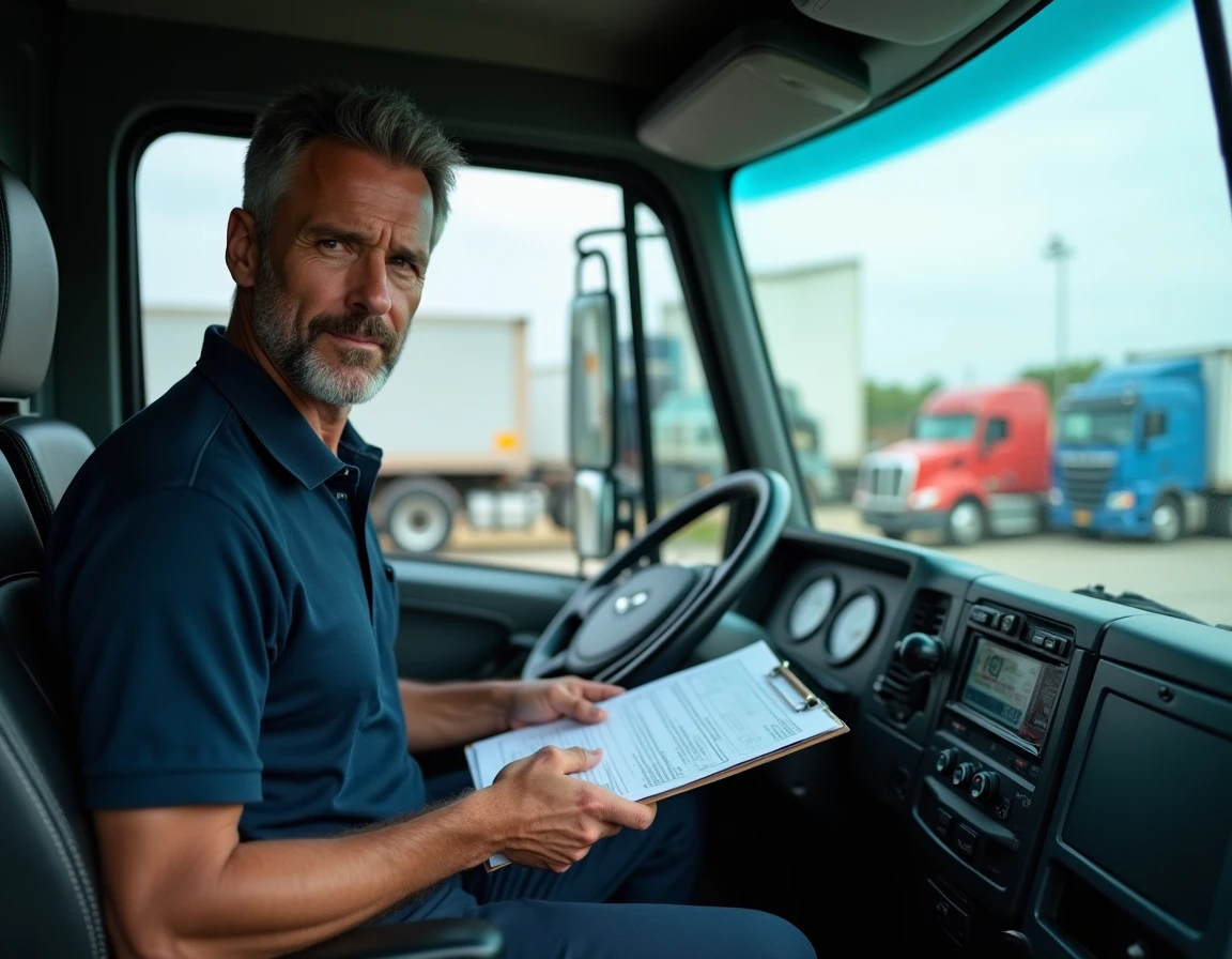 Chauffeur routier consultant ses documents de salaire dans la cabine d'un camion semi-remorque moderne