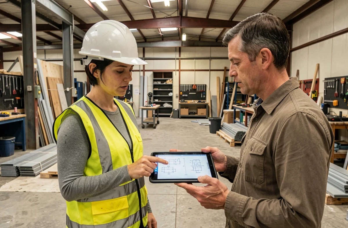 Femme cheffe de chantier en gilet haute visibilité discutant de plans techniques sur tablette dans un atelier industriel, représentant les nouvelles responsabilités après une certification n4p2