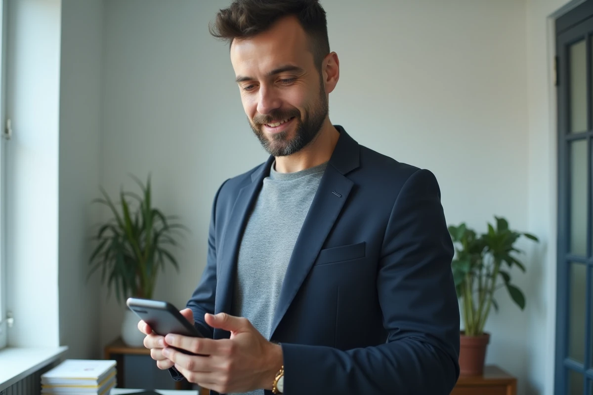 Chef d'entreprise consultant les paramètres de réponse automatique de son compte WhatsApp Business dans son bureau
