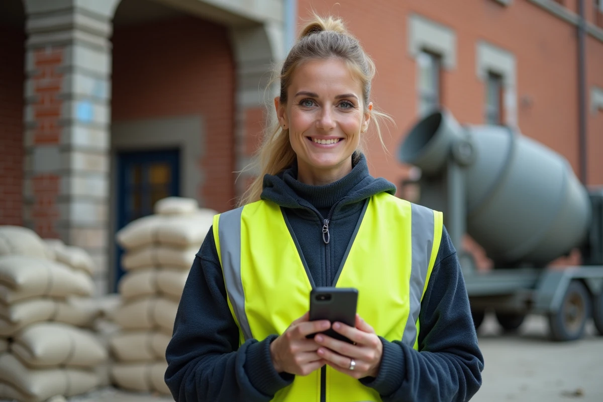 Cheffe de chantier consultant les prix d'un logiciel de gestion BTP sur smartphone lors d'une rénovation