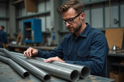 Ingénieur industriel comparant des tubes inox de différents diamètres sur un établi en atelier professionnel