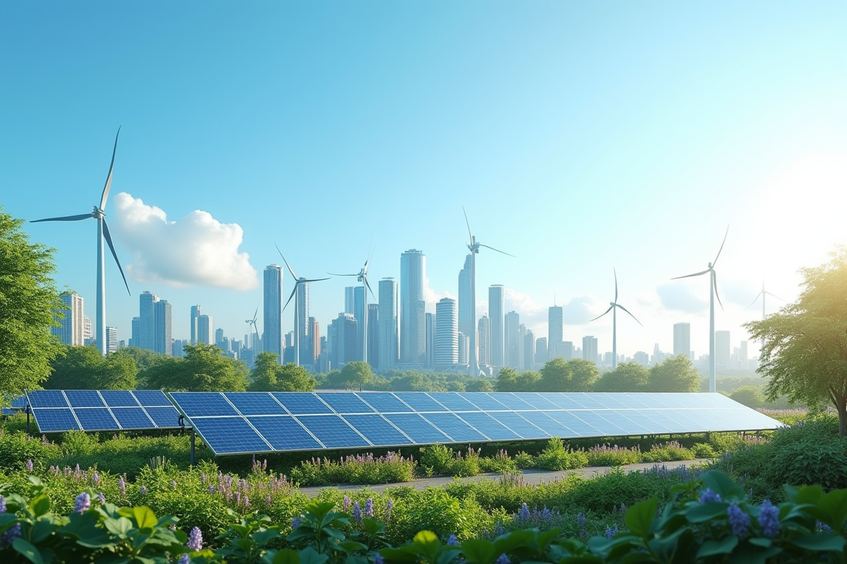 Silhouette d une ville moderne avec panneaux solaires et éoliennes