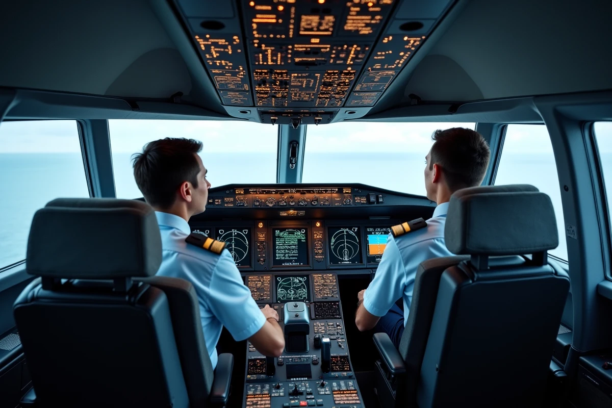 Poste de pilotage de l'Airbus A330 avec cockpit numérique fly-by-wire et deux pilotes en uniforme consultant les systèmes de gestion de vol
