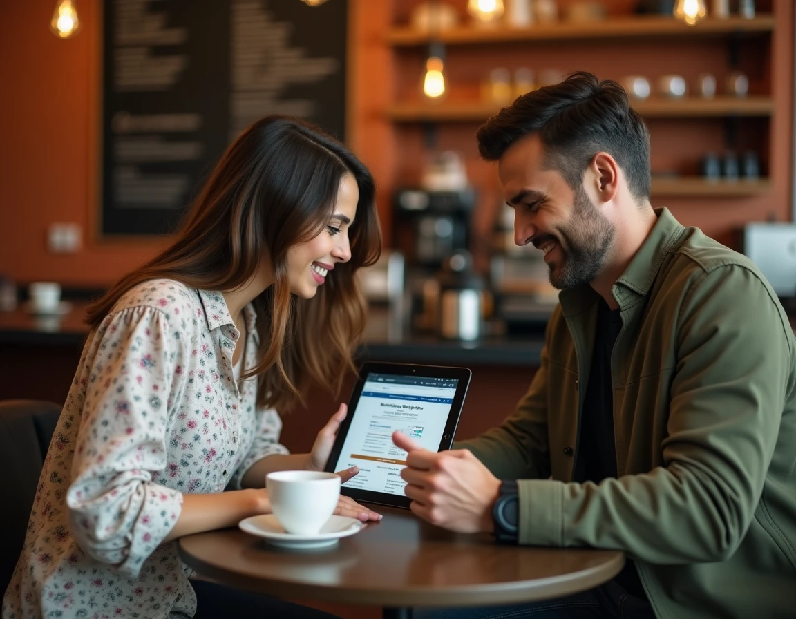 Deux jeunes entrepreneurs collaborant autour d'un guide business numérique sur une tablette dans un café chaleureux