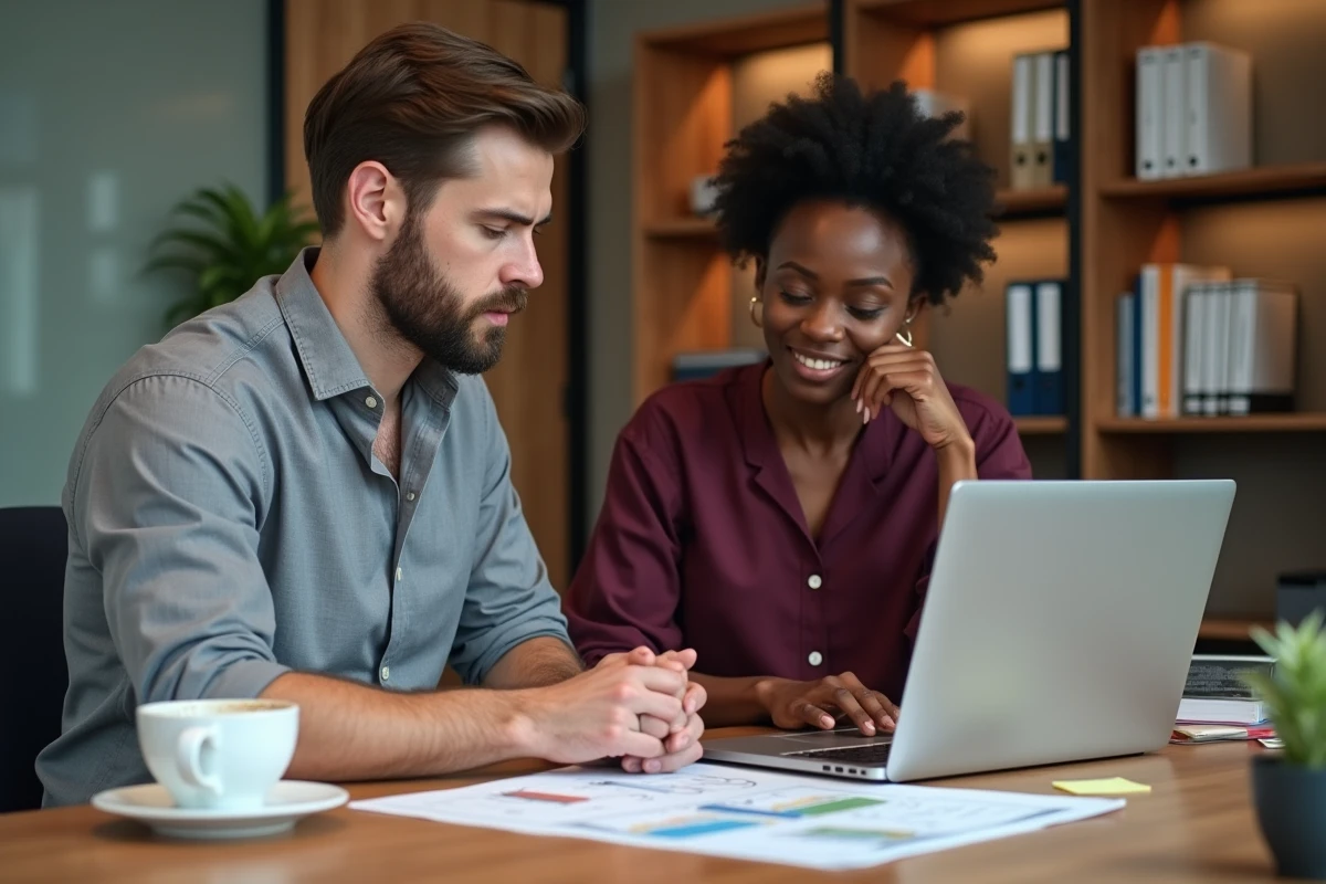 Deux professionnels RH collaborant sur l'élaboration d'une politique de ressources humaines internationale adaptée à la zone EMEA