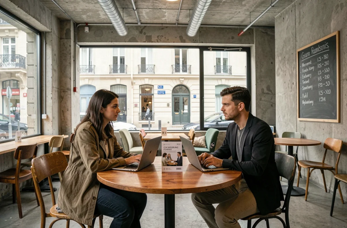 Deux professionnels discutant des options de coworking dans un loft industriel à Troyes