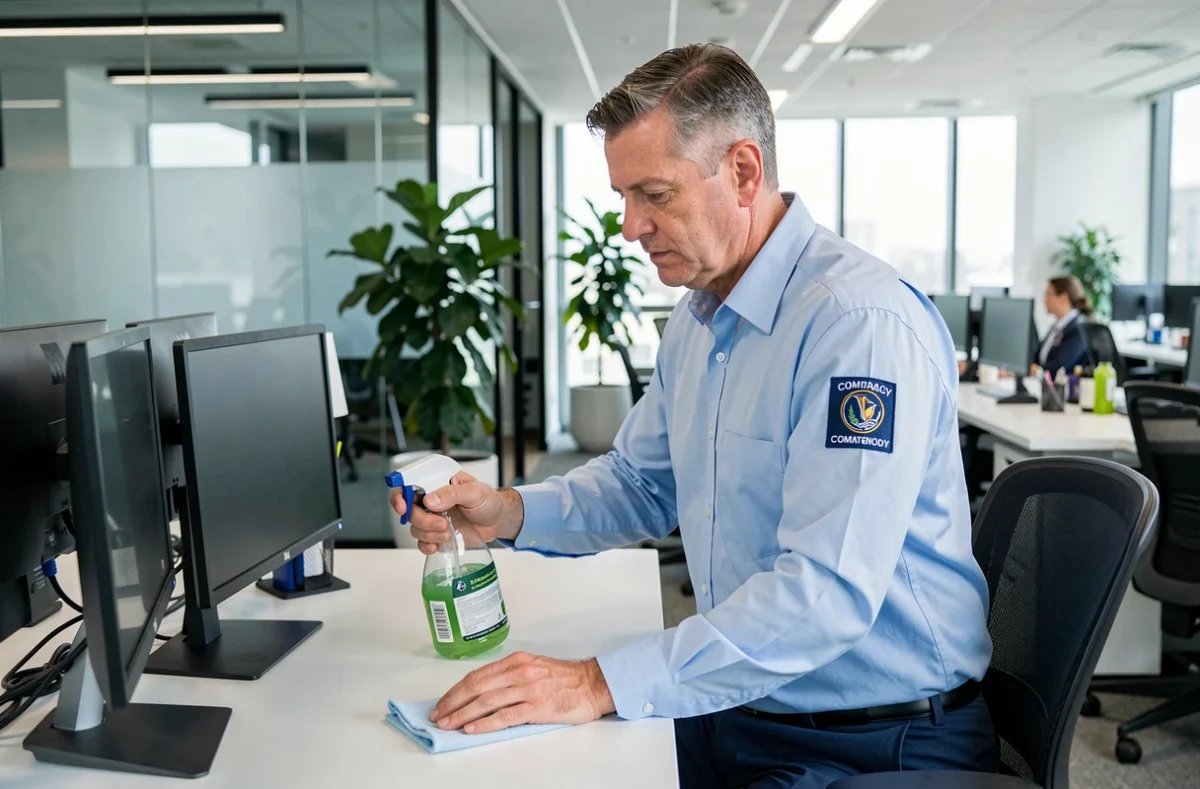 Agent Compao désinfectant des bureaux dans un espace de travail en open space moderne