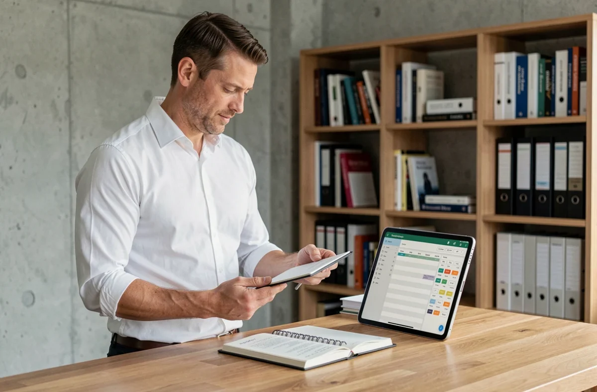 Homme comparant un agenda papier traditionnel et une application de planification numérique sur tablette dans un bureau minimaliste