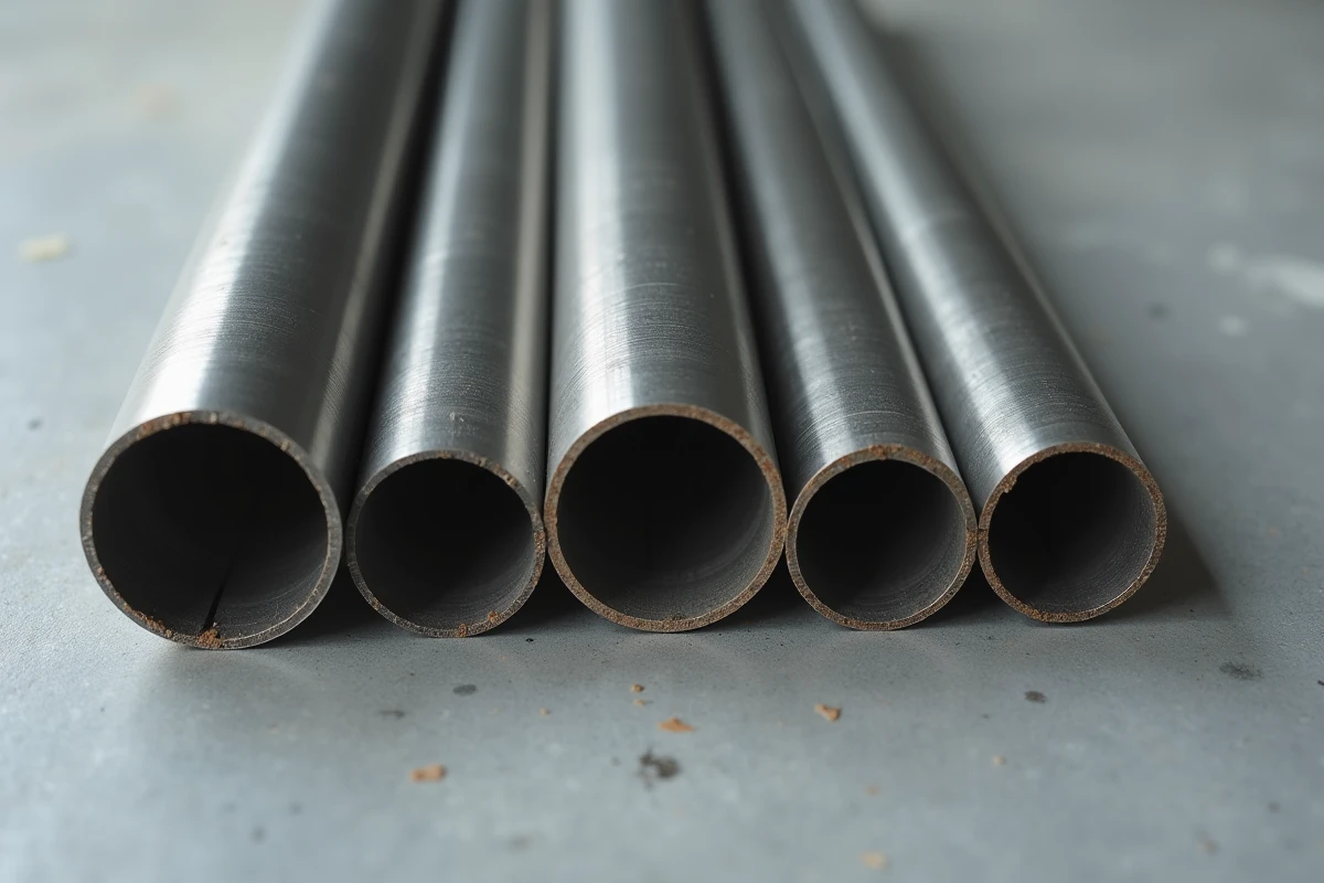 Cinq tubes inox de sections différentes présentés debout sur béton pour comparaison de diamètres