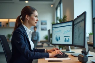 Comptable femme utilisant un logiciel de comptabilité sur double écran dans un cabinet comptable moderne