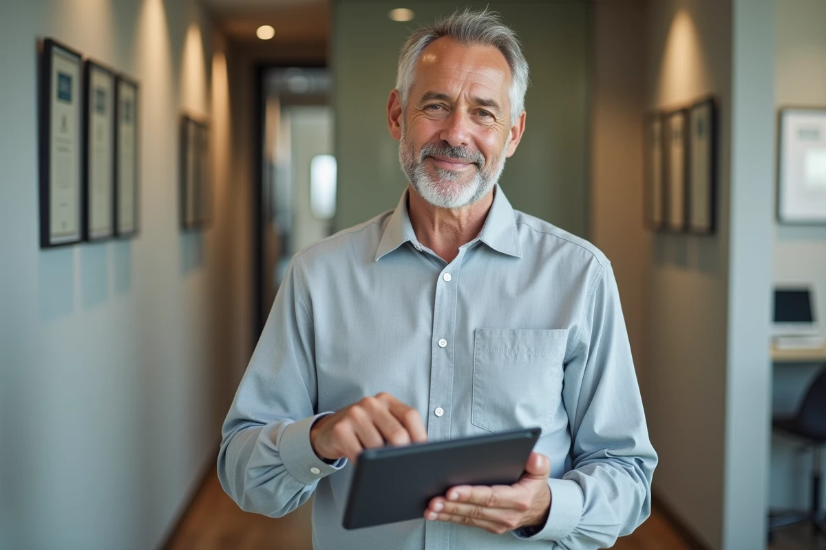 Comptable consultant un logiciel de gestion comptable sur tablette dans les couloirs d'un cabinet professionnel