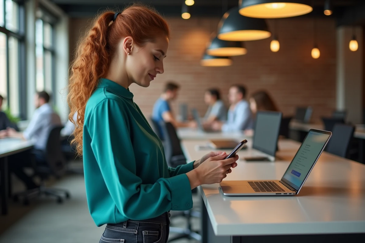 Une jeune professionnelle se connectant à la plateforme Celoxam sur son smartphone dans un espace de coworking