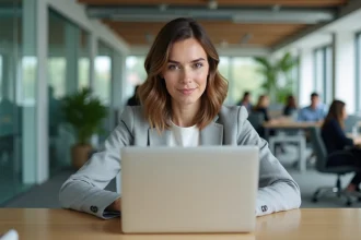 Une femme connectée à un portail CE sur son ordinateur portable dans un bureau moderne
